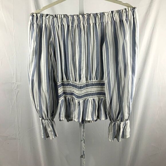 Sage The Label Off Shoulder Blousen Blue Striped 3/4 Sleeve Size XS - Picture 7 of 10